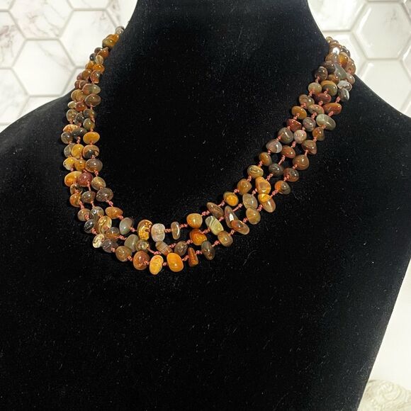 Elegant Multi-Strand Amber, Chaceldony, and Carnelian 3 Strand Necklace - Picture 2 of 5